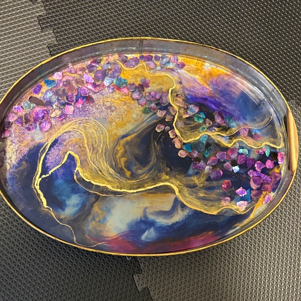 Elegant Mixed Media Art Tray with Gold and Purple Accents